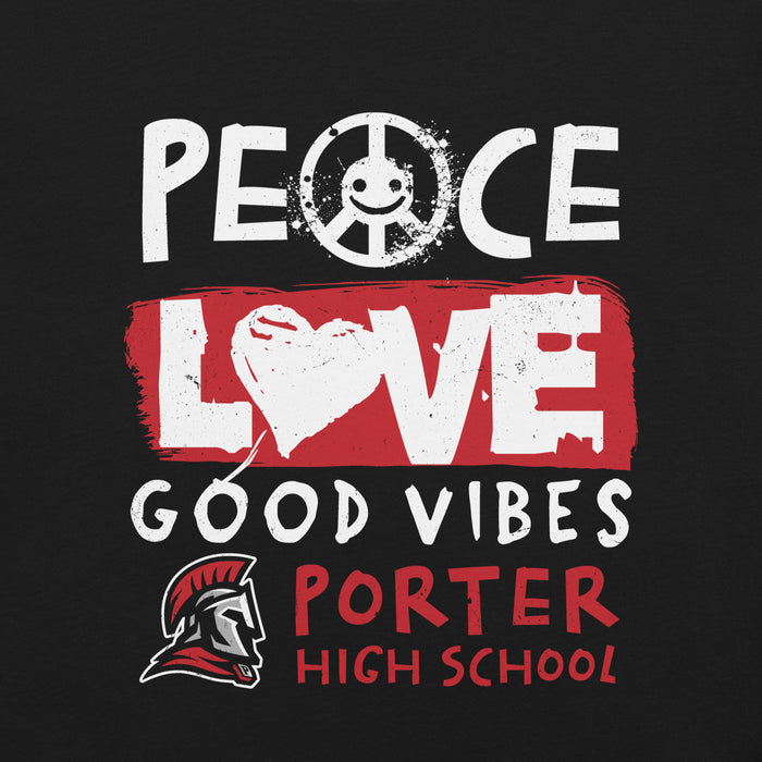 Black t-shirt with 'Peace Love Good Vibes Porter High School' text and logo. - premium t-shirt design 240