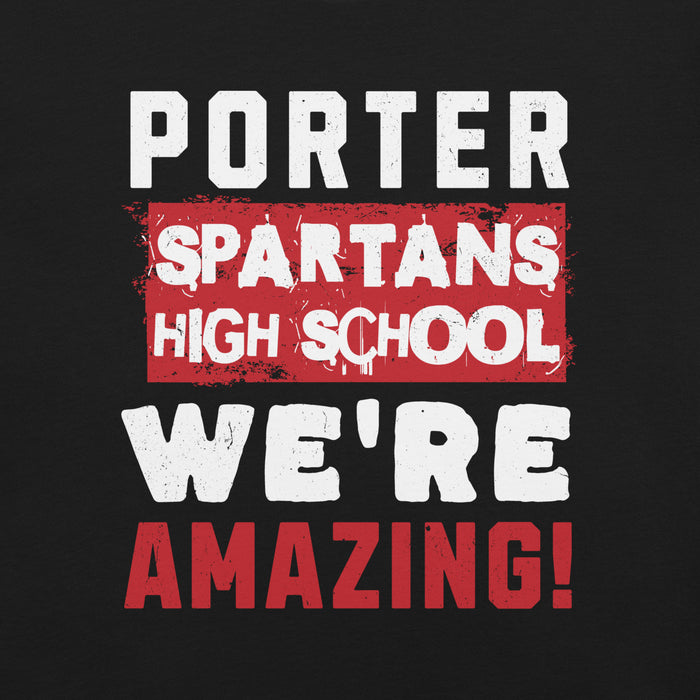Text design with 'Porter Spartans High School We're Amazing!' on a black background - premium t-shirt design 231