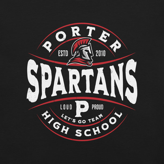 Close-up view of Porter High School Spartans Black Premium Unisex T-shirt 218