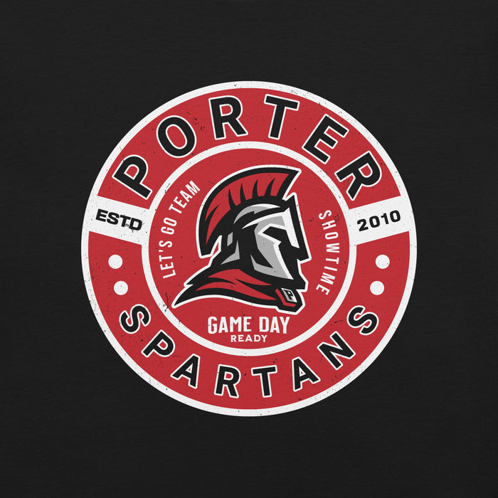 Circular logo with 'Porter Spartans' text and Spartan helmet design on a black background - premium t-shirt design 239