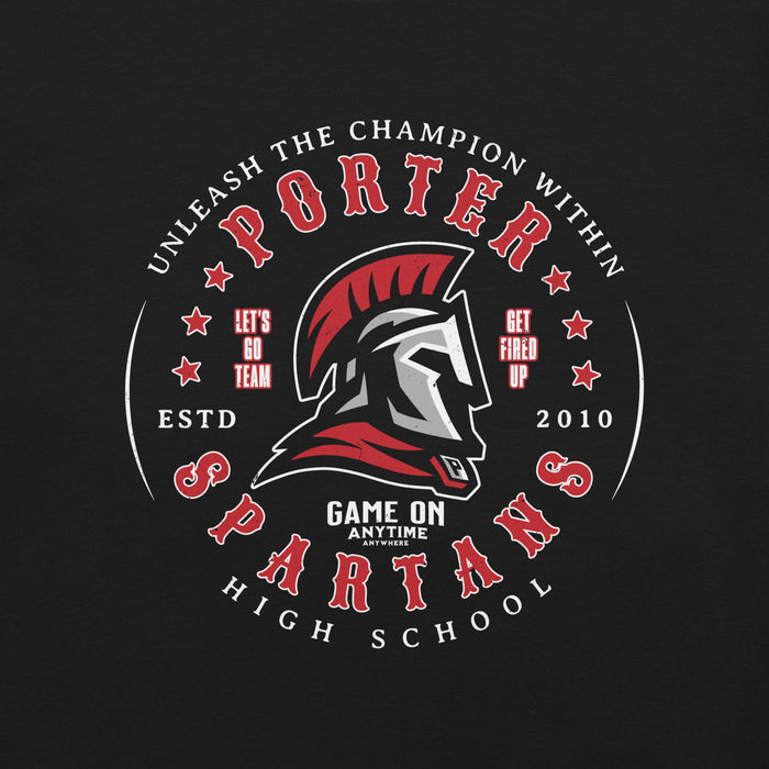 Close-up view of Porter High School Spartans Black Premium Unisex T-shirt 214