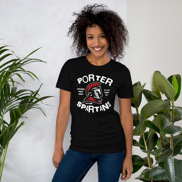 Woman wearing Porter High School Spartans Black Premium Unisex T-shirt 228