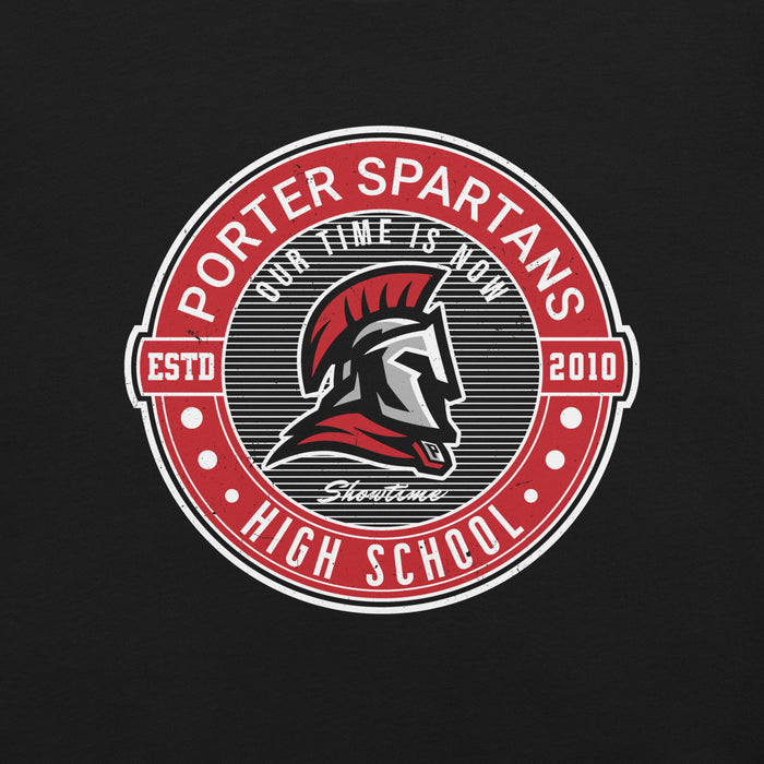 Porter Spartans High School logo with Spartan helmet design on a black background - premium t-shirt design 224