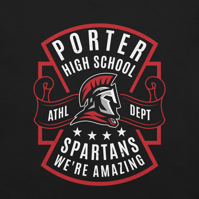 Porter High School Spartans logo with athletic department text on a black background - premium t-shirt design 207 