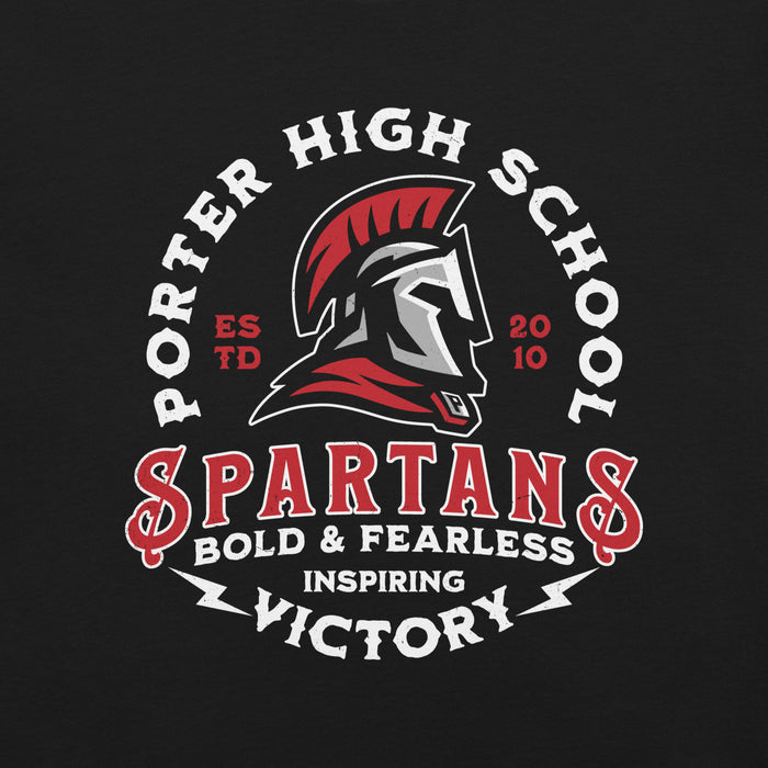 Porter High School Spartans logo with Spartan helmet on a black background - premium t-shirt design 206