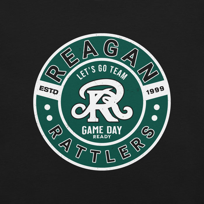 Circular logo with 'Reagan Rattlers' text and design on a black background - premium t-shirt design 239