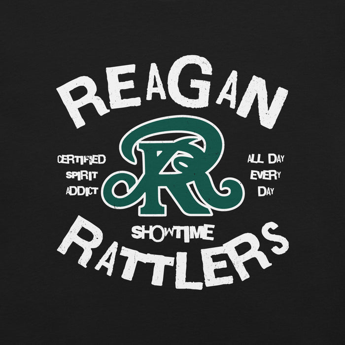 Logo of Reagan Showtime Rattlers with a green 'R' on a black background - premium t-shirt design 228