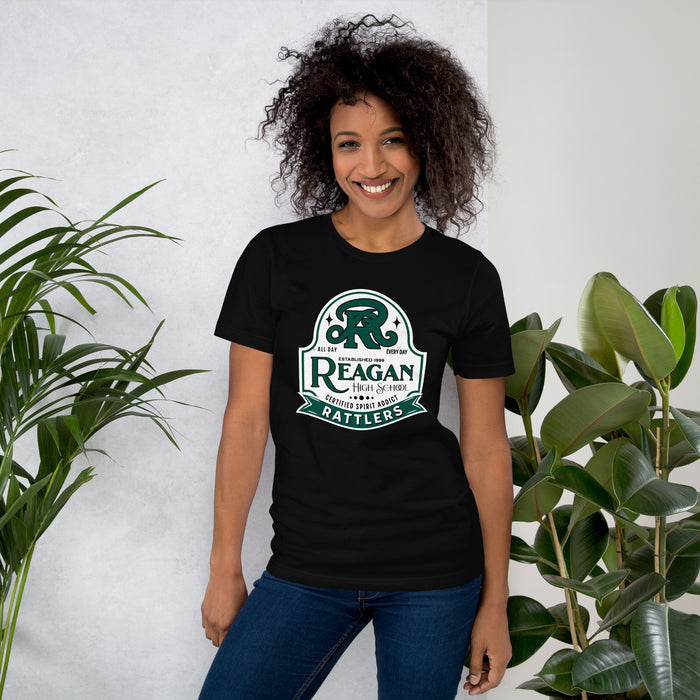 Woman wearing Reagan High School Rattlers Black Premium Unisex T-shirt 219
