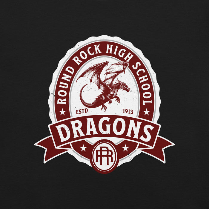 Close-up view of Round Rock High School Dragons Black Premium Unisex T-shirt 212