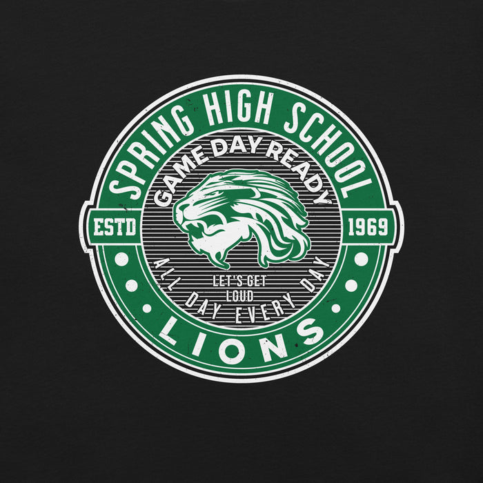 Close-up view of Spring High School Lions Black Premium Unisex T-shirt 224