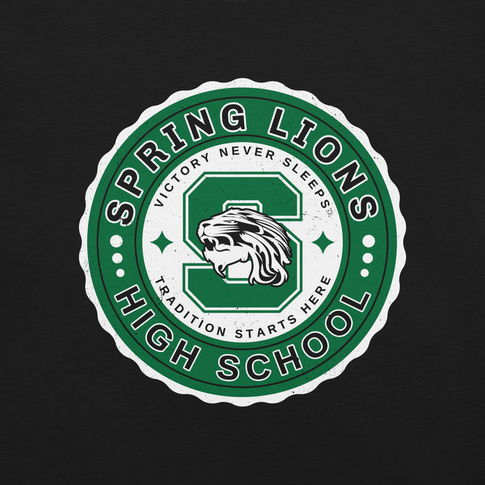 Close-up view of Spring High School Lions Black Premium Unisex T-shirt 216