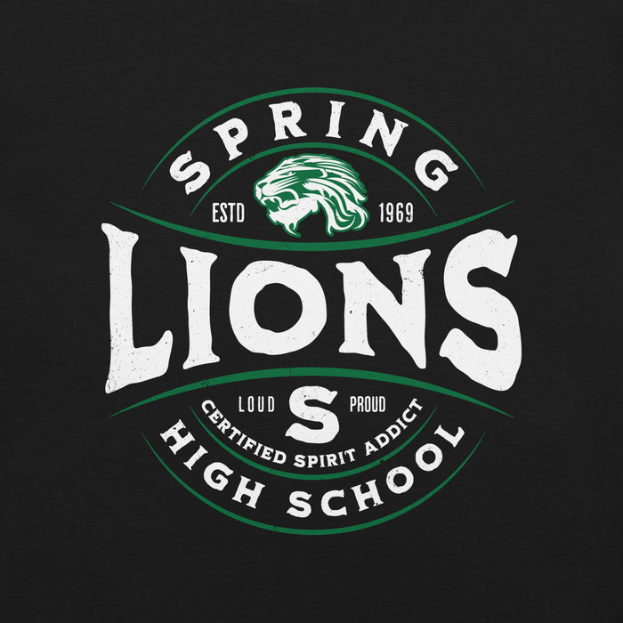 Close-up view of Spring High School Lions Black Premium Unisex T-shirt 218