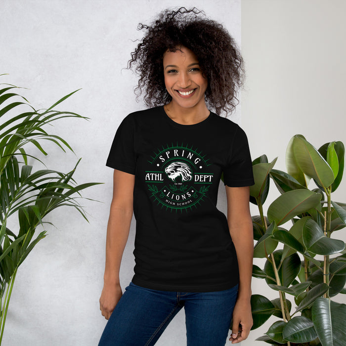 Woman wearing Spring High School Lions Black Premium Unisex T-shirt 201