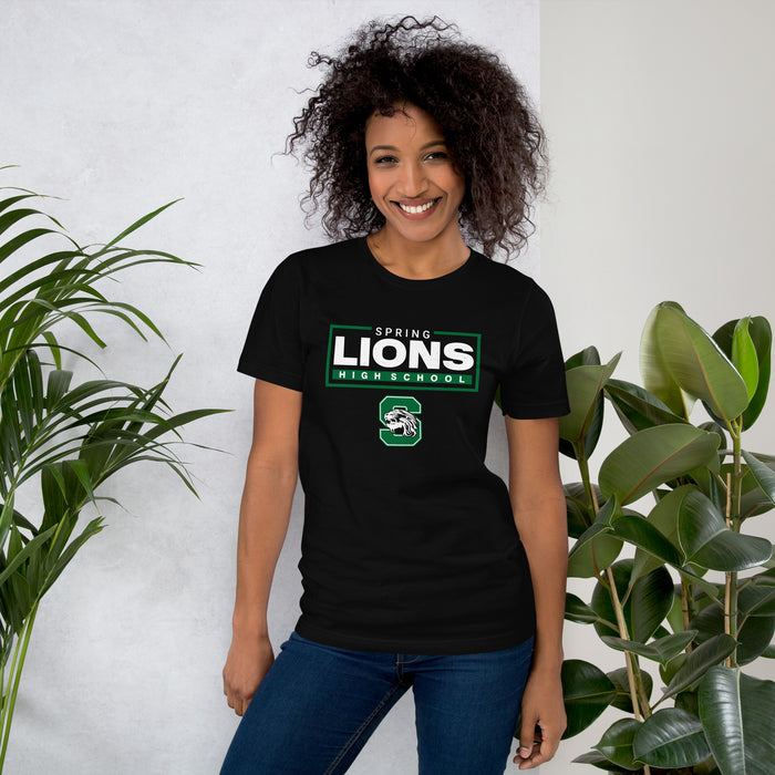 Woman wearing Spring High School Lions Black Premium Unisex T-shirt 049