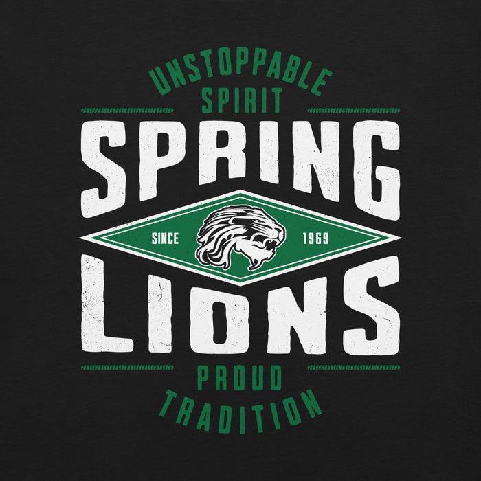 Close-up view of Spring High School Lions Black Premium Unisex T-shirt 210