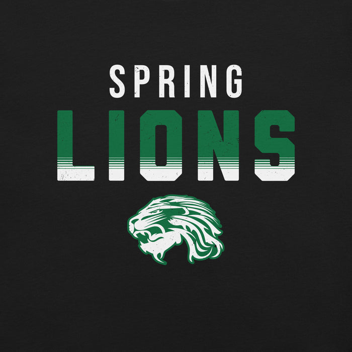 A close-up of a black garment featuring a 'SPRING LIONS' graphic print in white and green, with a stylized lion head logo below. Spring High School Lions Black Premium Unisex T-shirt 024