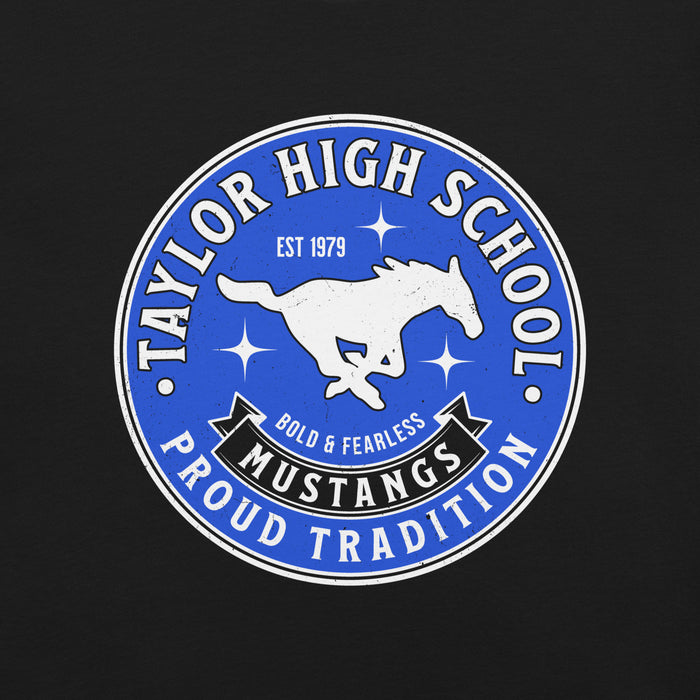 Close-up view of Taylor High School Mustangs Black Premium Unisex T-shirt 215