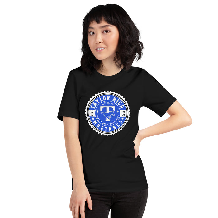 Woman wearing Taylor High School Mustangs Black Premium Unisex T-shirt 203