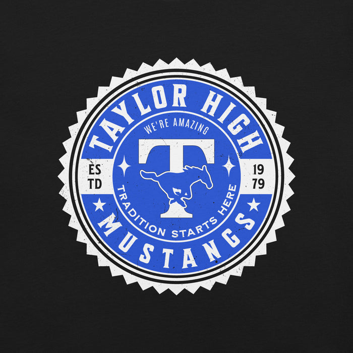 Close-up view of Taylor High School Mustangs Black Premium Unisex T-shirt 203