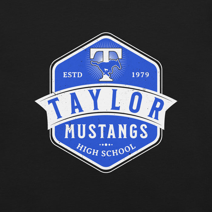 Close-up view of Taylor High School Mustangs Black Premium Unisex T-shirt 209