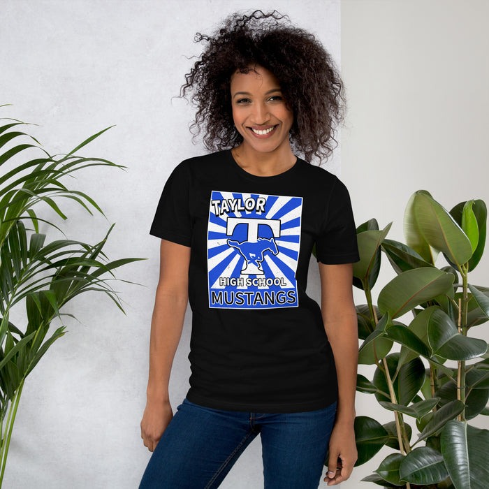 Woman wearing Taylor High School Mustangs Black Premium Unisex T-shirt 226
