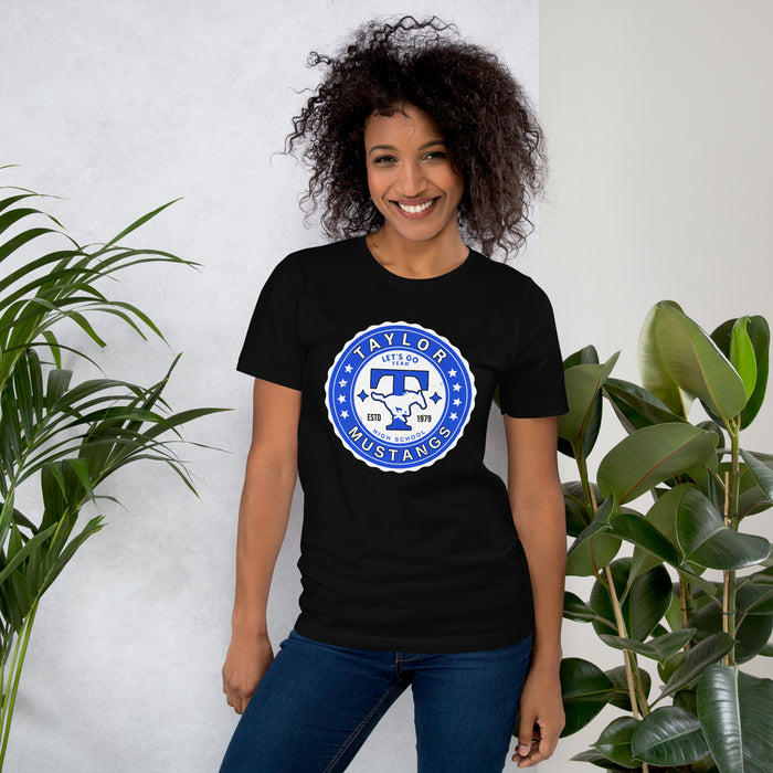 Woman wearing Taylor High School Mustangs Black Premium Unisex T-shirt 216