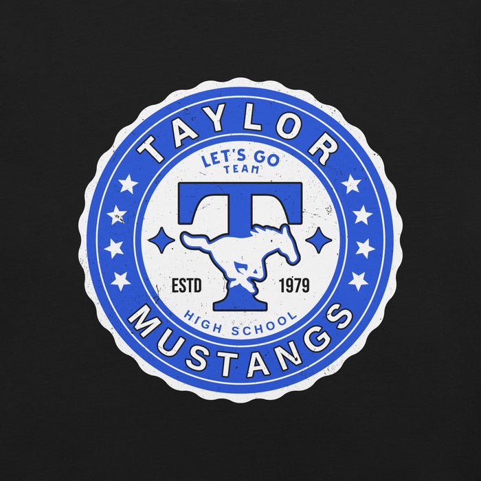 Close-up view of Taylor High School Mustangs Black Premium Unisex T-shirt 216