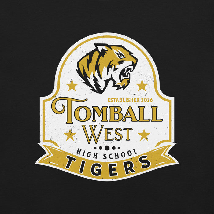 A school mascot graphic for Tomball West High School Tigers, featuring a stylized tiger head and gold, white, and black lettering on a black background. Tomball West High School Tigers Black Premium Unisex T-shirt 219