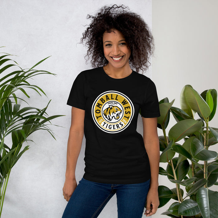 Woman wearing Tomball West High School Tigers Black Premium Unisex T-shirt 220