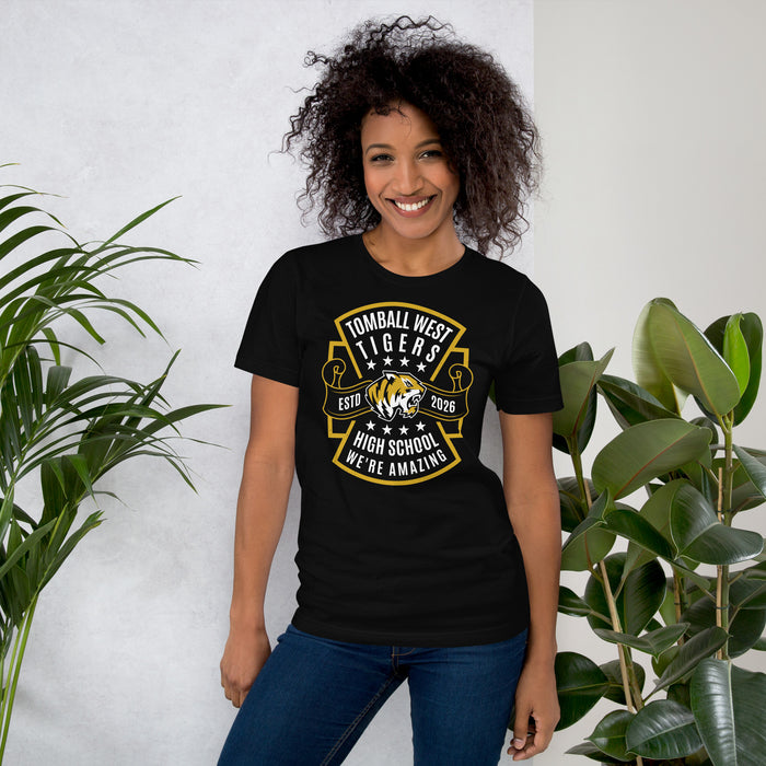Woman wearing Tomball West High School Tigers Black Premium Unisex T-shirt 207