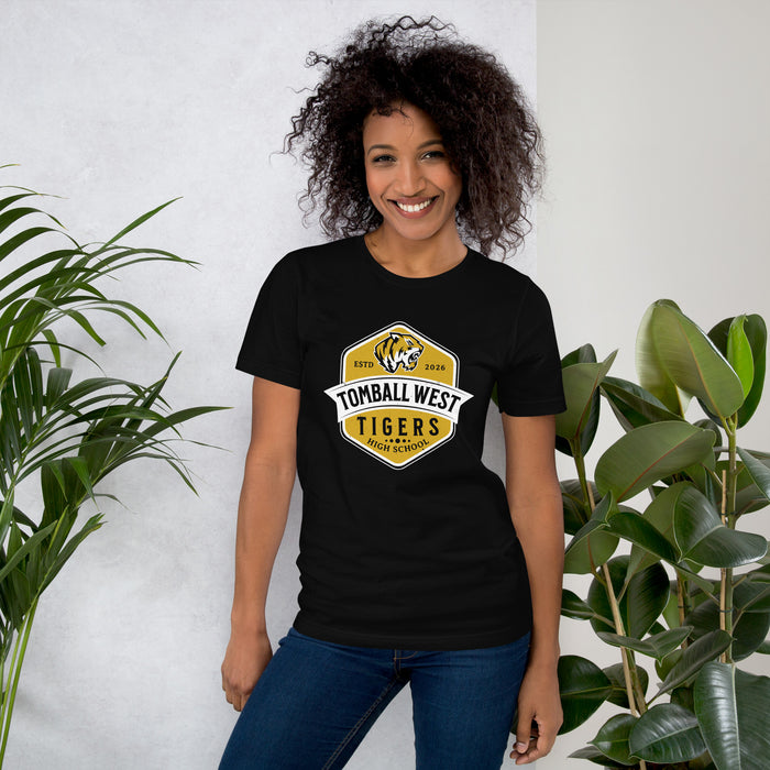 Woman wearing Tomball West High School Tigers Black Premium Unisex T-shirt 209