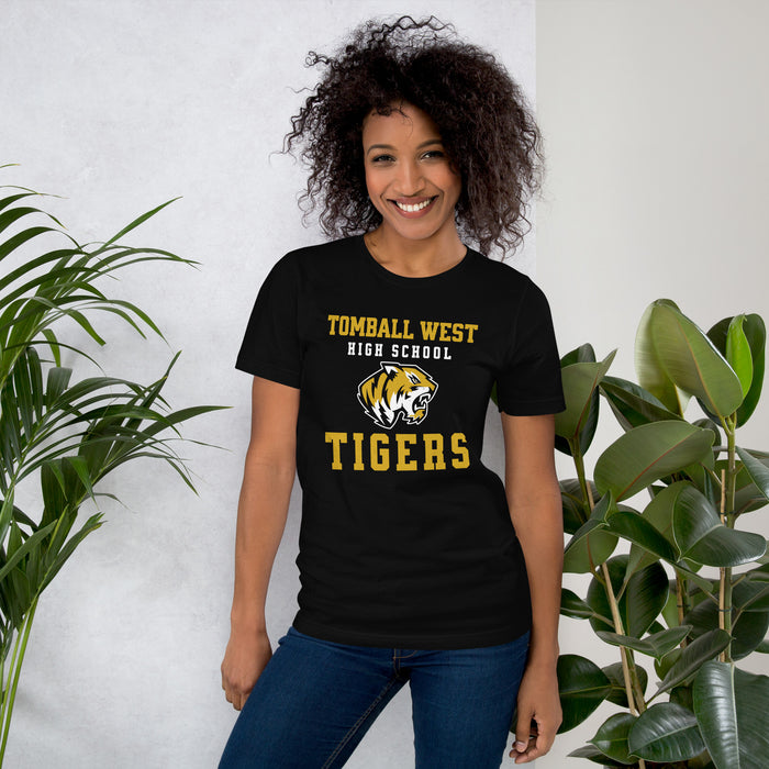 Woman wearing Tomball West High School Tigers Black Premium Unisex T-shirt 006