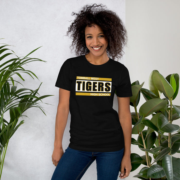 Woman wearing Tomball West High School Tigers Black Premium Unisex T-shirt 098