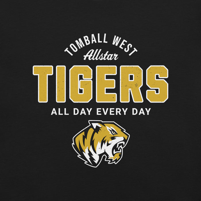 A black graphic print featuring the text 'TOMBALL WEST Allstar TIGERS ALL DAY EVERY DAY' in white and distressed gold lettering, with a tiger head mascot logo below. Tomball West High School Tigers Black Premium Unisex T-shirt 040