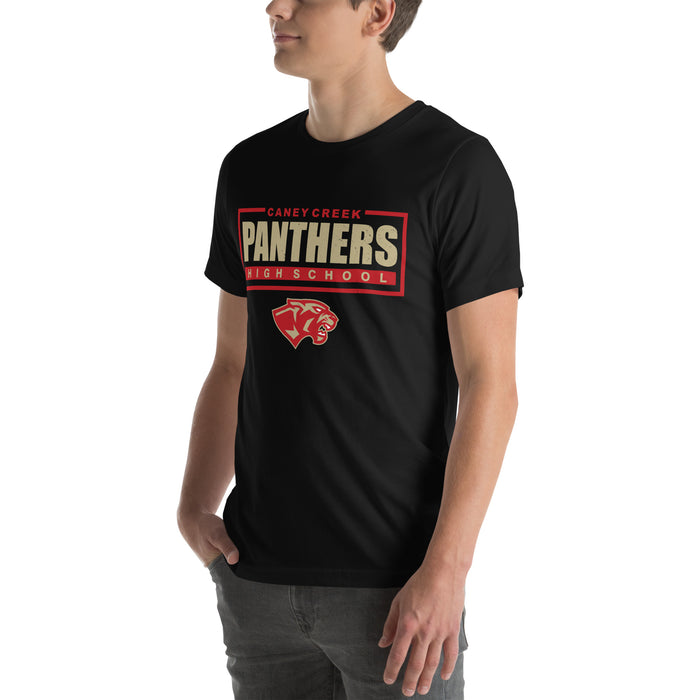 Man wearing Caney Creek High School Panthers Black Premium Unisex T-shirt 049