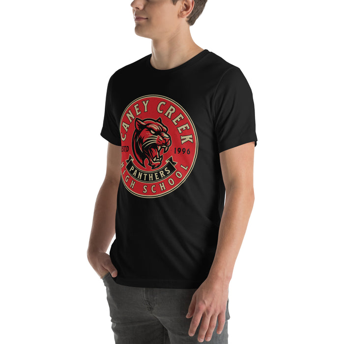 Man wearing Caney Creek High School Panthers Black Premium Unisex T-shirt 215