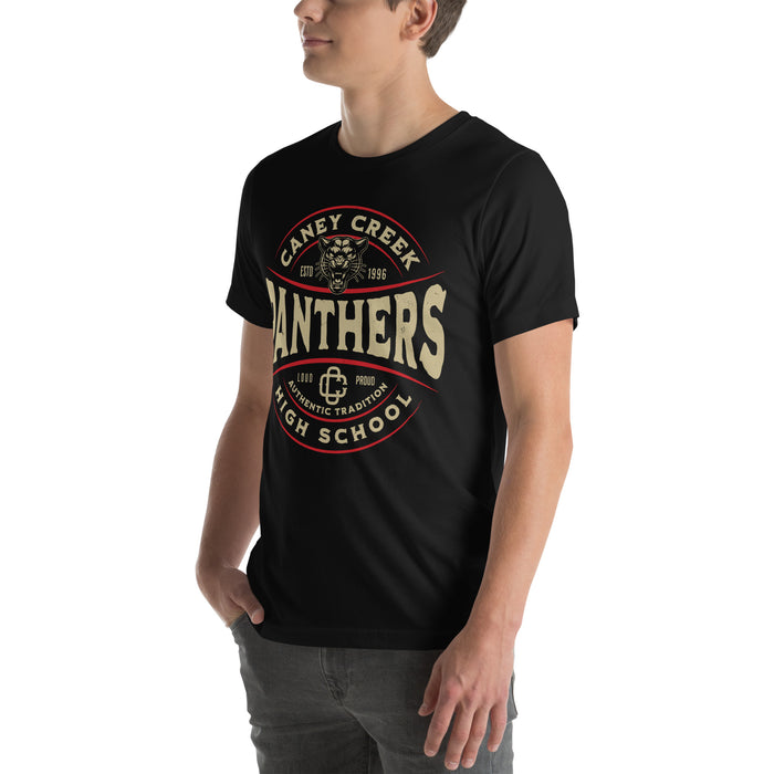Man wearing Caney Creek High School Panthers Black Premium Unisex T-shirt 218