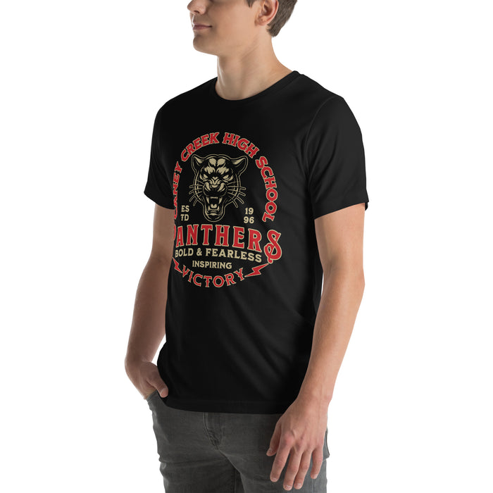Man wearing Caney Creek High School Panthers Black Premium Unisex T-shirt 206