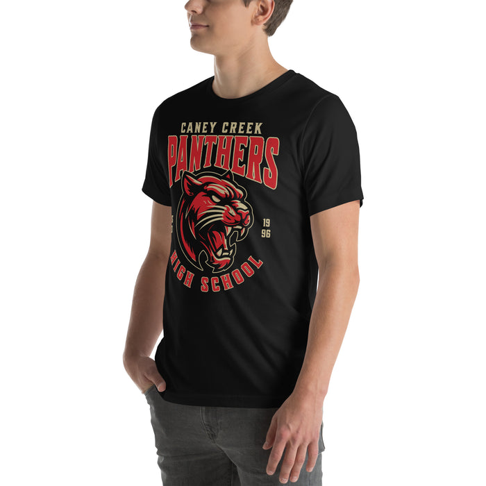 Man wearing Caney Creek High School Panthers Black Premium Unisex T-shirt 211