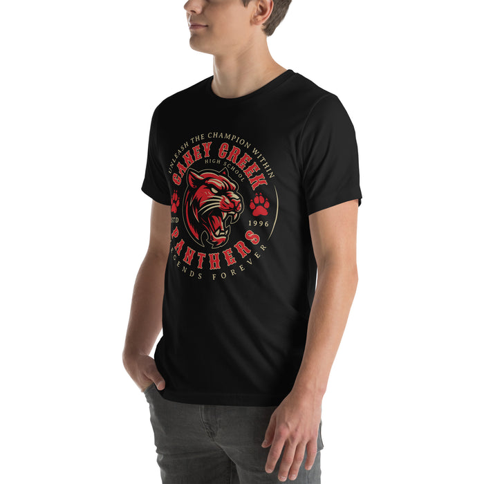 MAn wearing Caney Creek High School Panthers Black Premium Unisex T-shirt 210