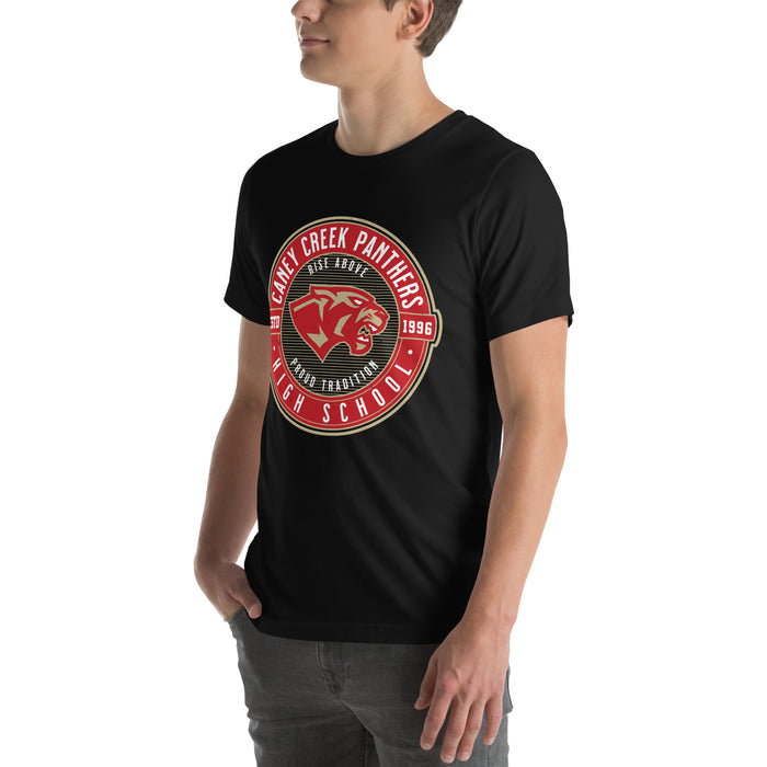 Man wearing Caney Creek High School Panthers Black Premium Unisex T-shirt 224