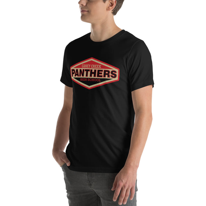 Man wearing Caney Creek High School Panthers Black Premium Unisex T-shirt 009