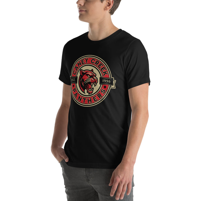 Man wearing Caney Creek High School Panthers Black Premium Unisex T-shirt 221
