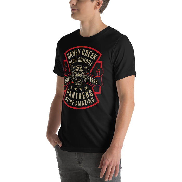 Man wearing Caney Creek High School Panthers Black Premium Unisex T-shirt 207