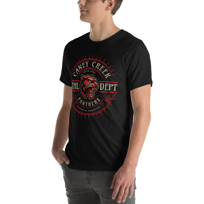 Man wearing Caney Creek High School Panthers Black Premium Unisex T-shirt 201