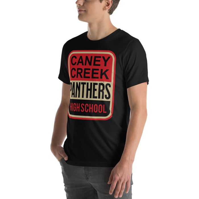Man wearing Caney Creek High School Panthers Black Premium Unisex T-shirt 001