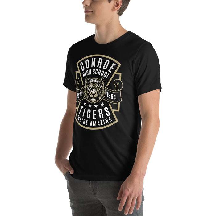 Man wearing Conroe High School Tigers Black Premium Unisex T-shirt 207