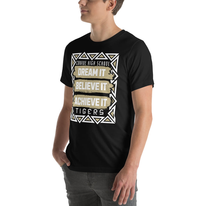 Man wearing Conroe High School Tigers Black Premium Unisex T-shirt 228