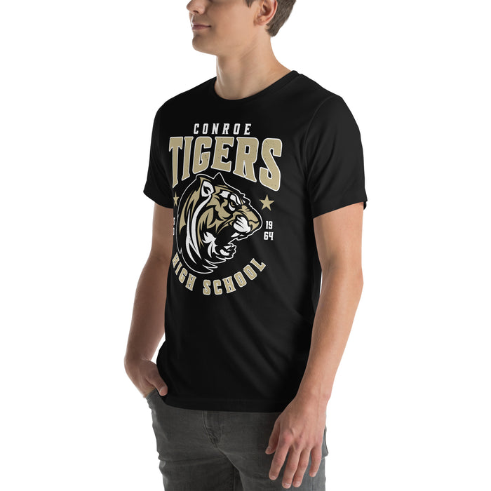 Man wearing Conroe High School Tigers Black Premium Unisex T-shirt 213