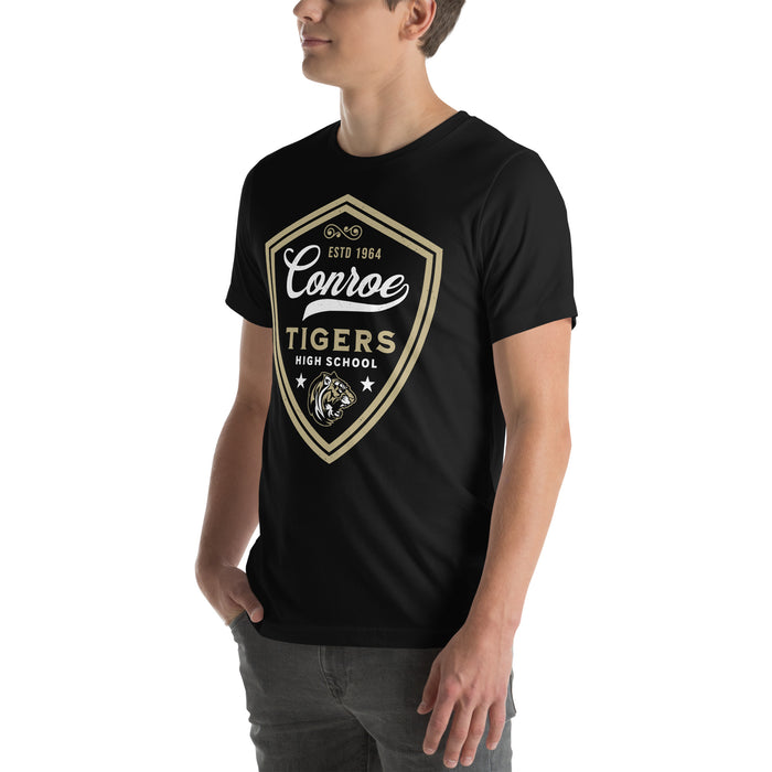 Man wearing Conroe High School Tigers Black Premium Unisex T-shirt 225